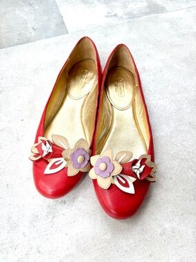 Coach Red Leather Floral Trim Ballet Flats